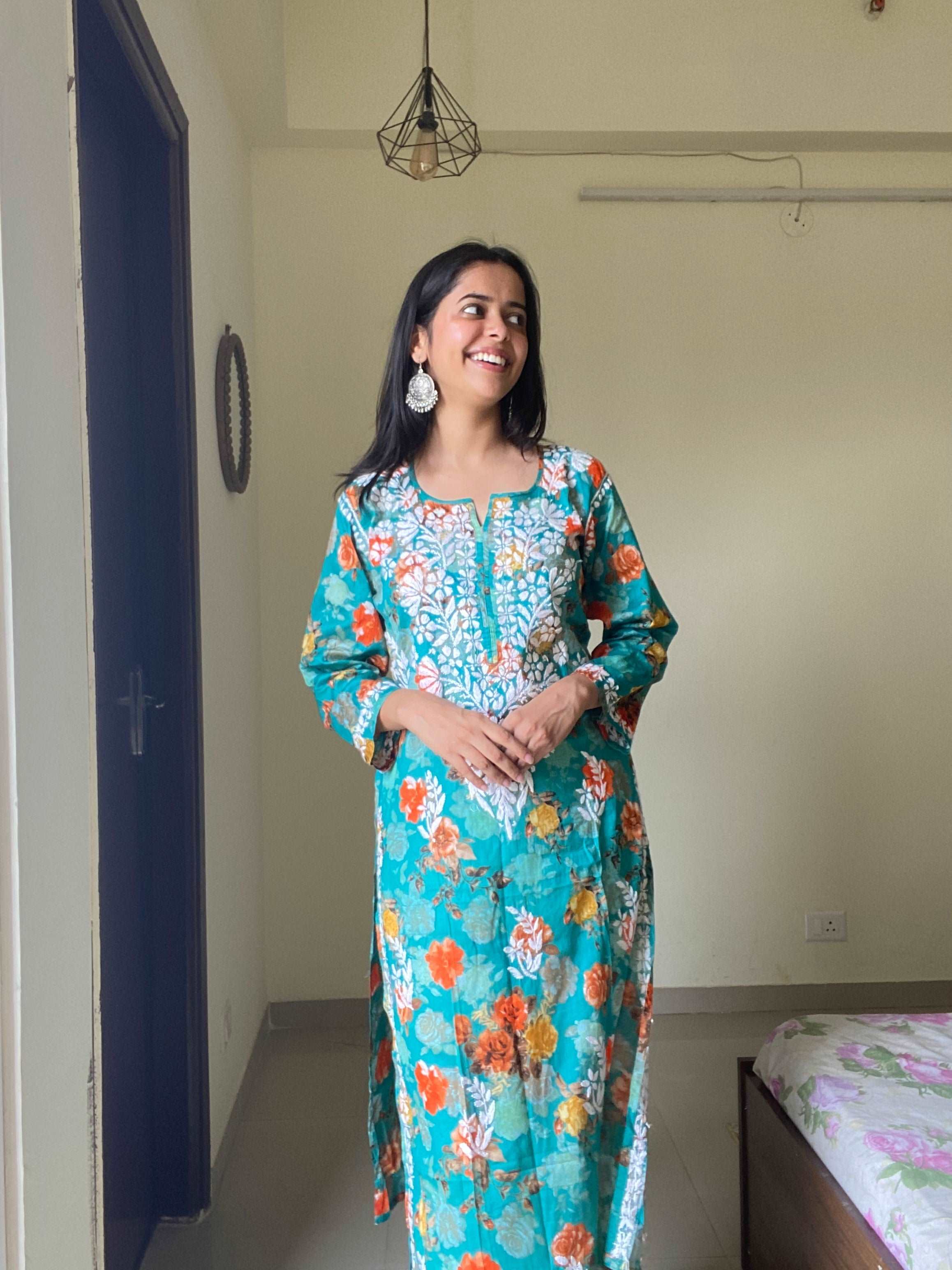 Flowery Light Green Cotton Kurti with White Chikankari Embroidery