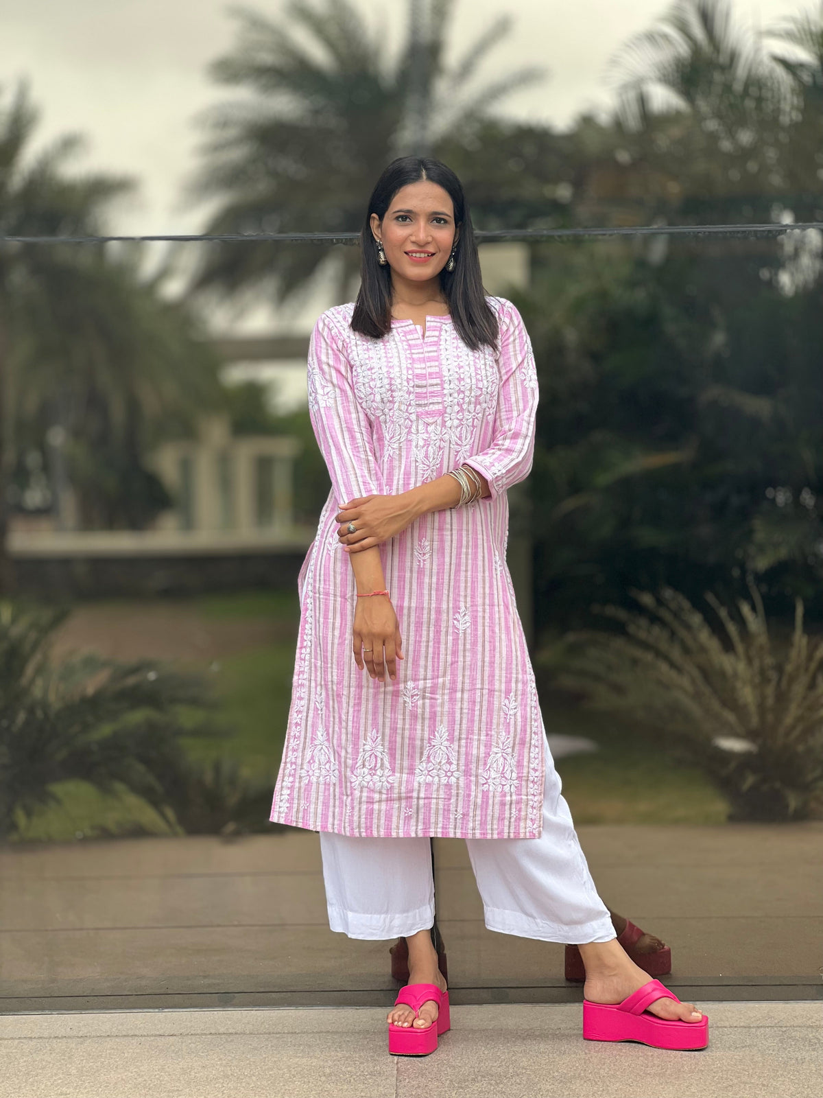 Pink Stripes Chikankari Cotton Kurta