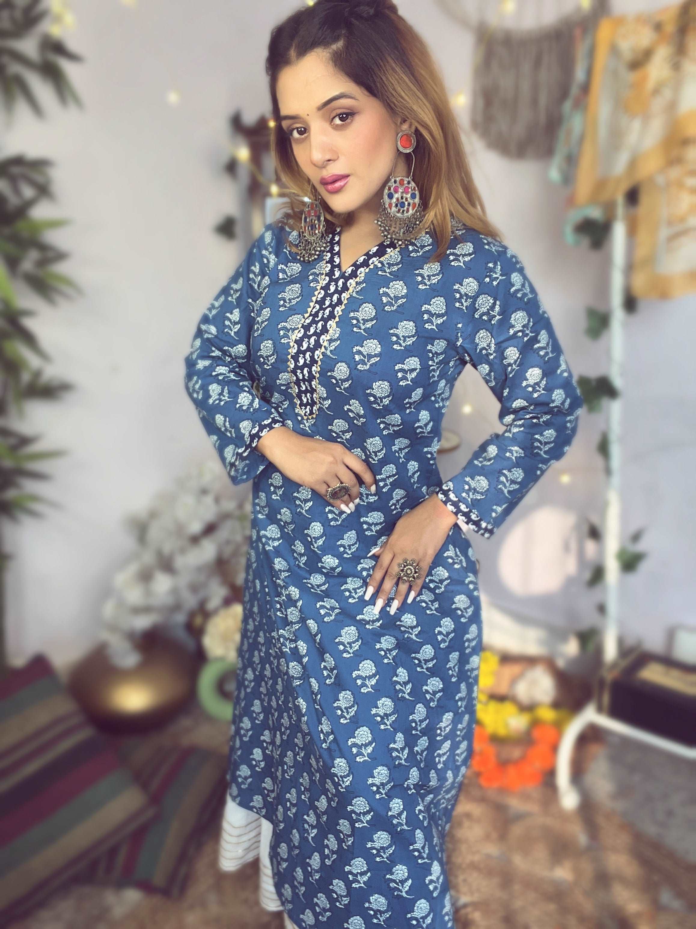 Cerulean Blue Cotton Sanganeri Kurti