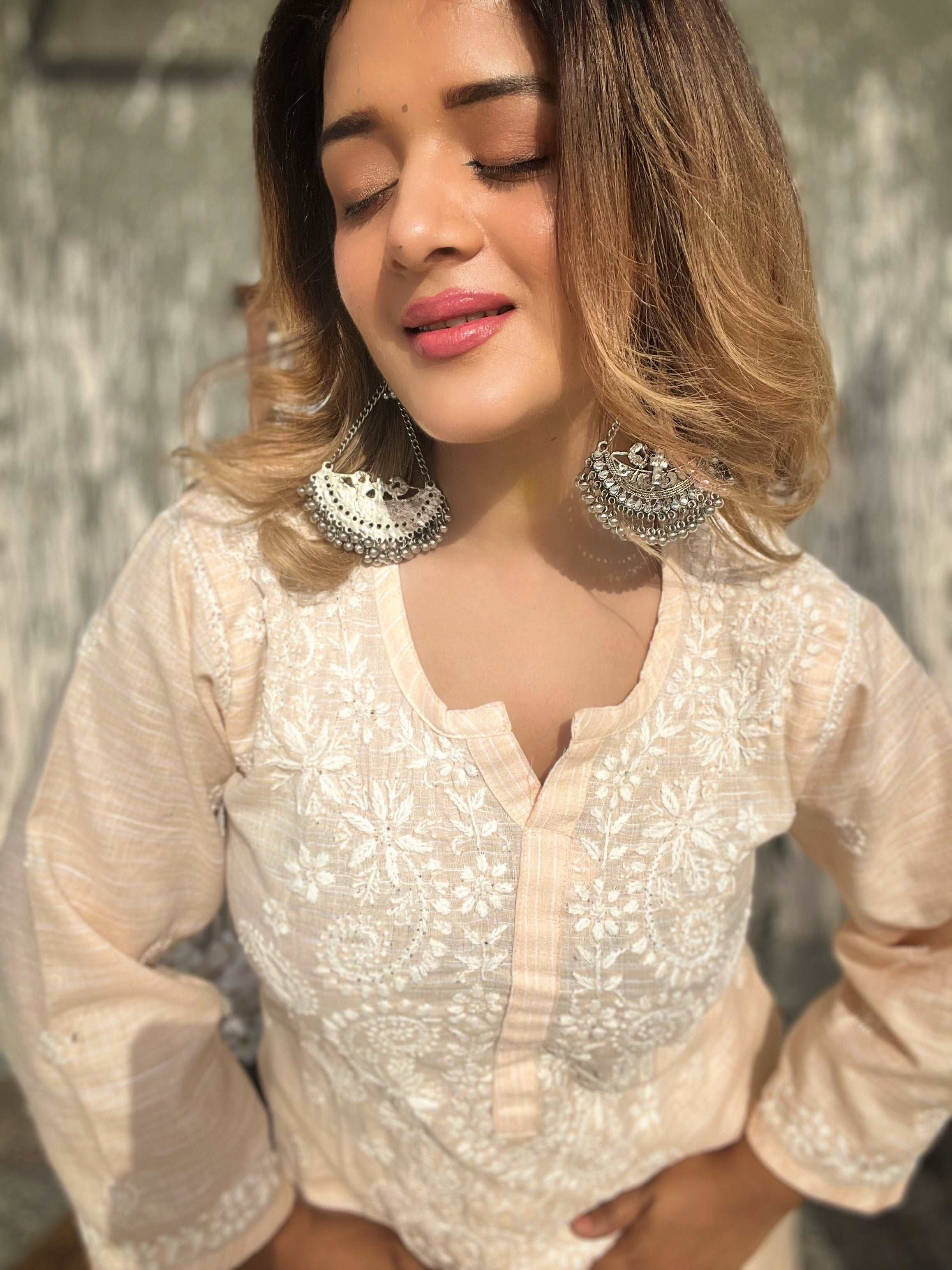 Beige Cotton Chikankari Kurti