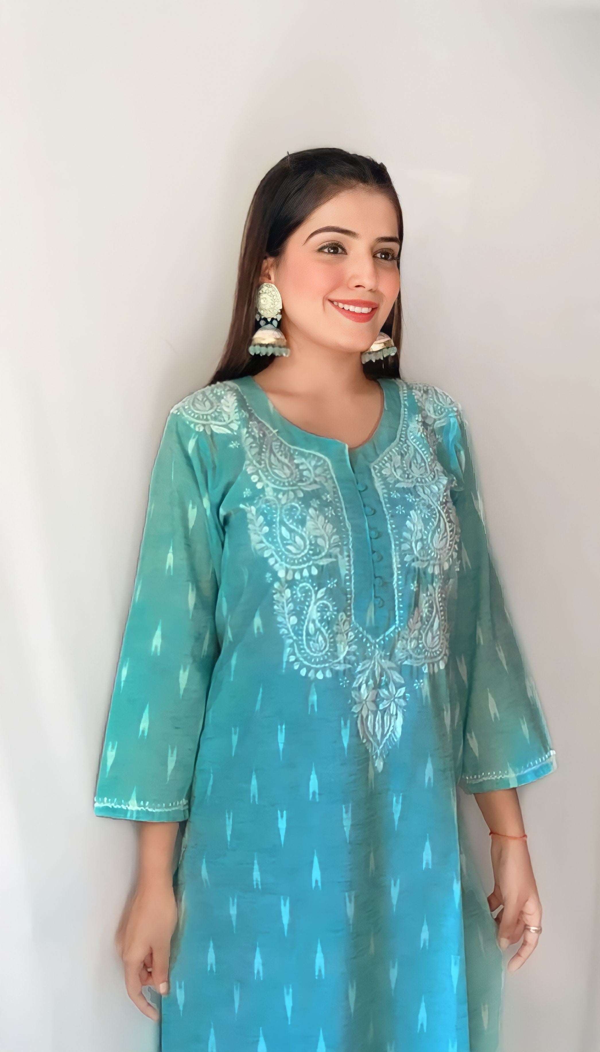 Light Blue Georgette Lucknowi Chikankari Kurti with Beautiful Mirror E –  Inayakhan Shop
