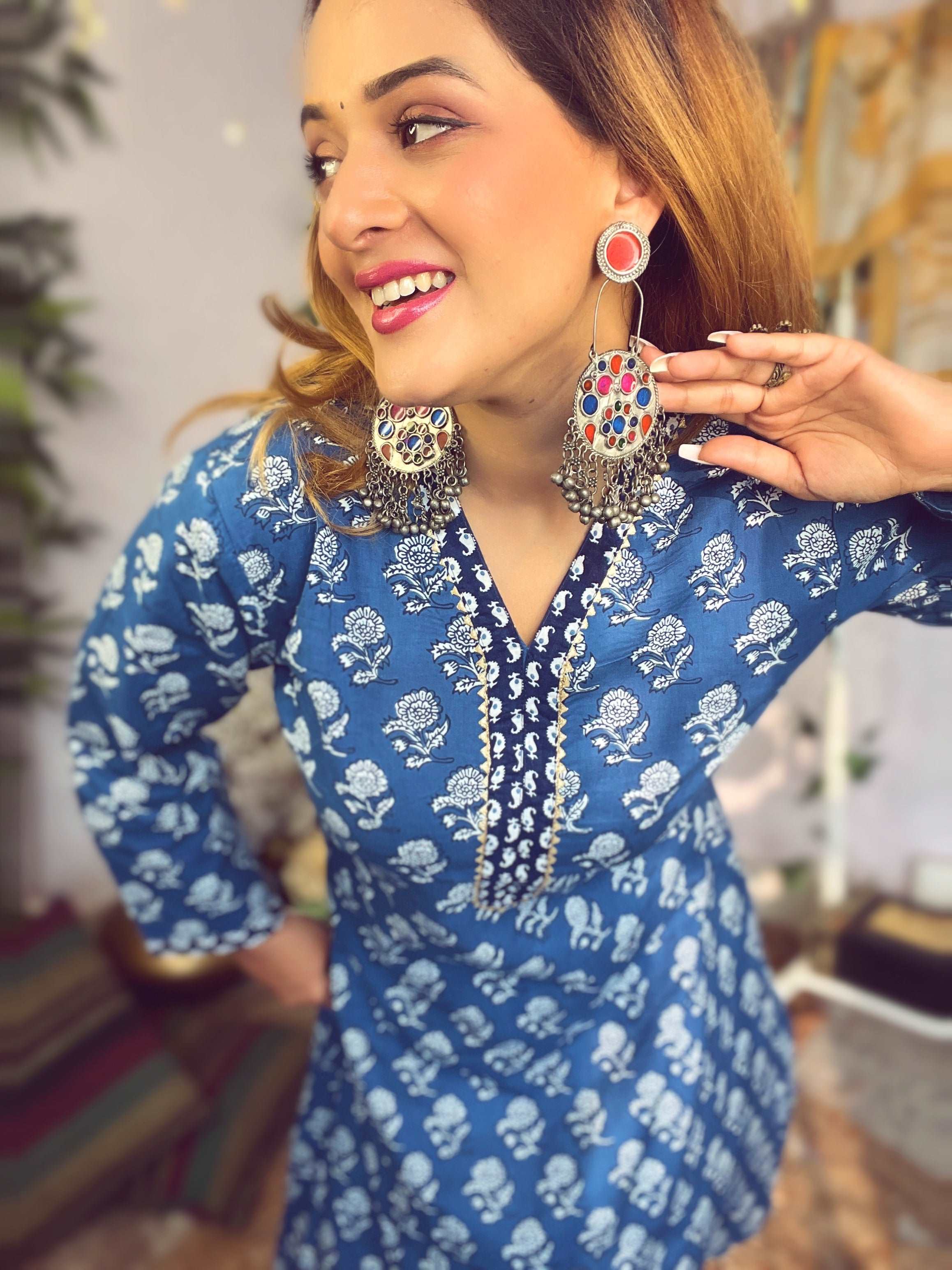 Cerulean Blue Cotton Sanganeri Kurti