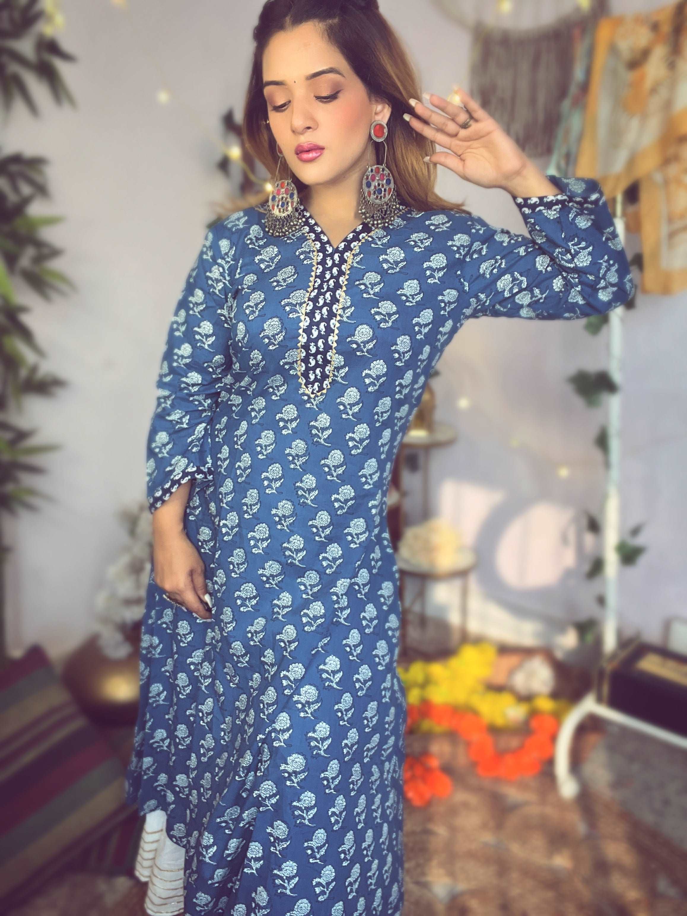 Cerulean Blue Cotton Sanganeri Kurti