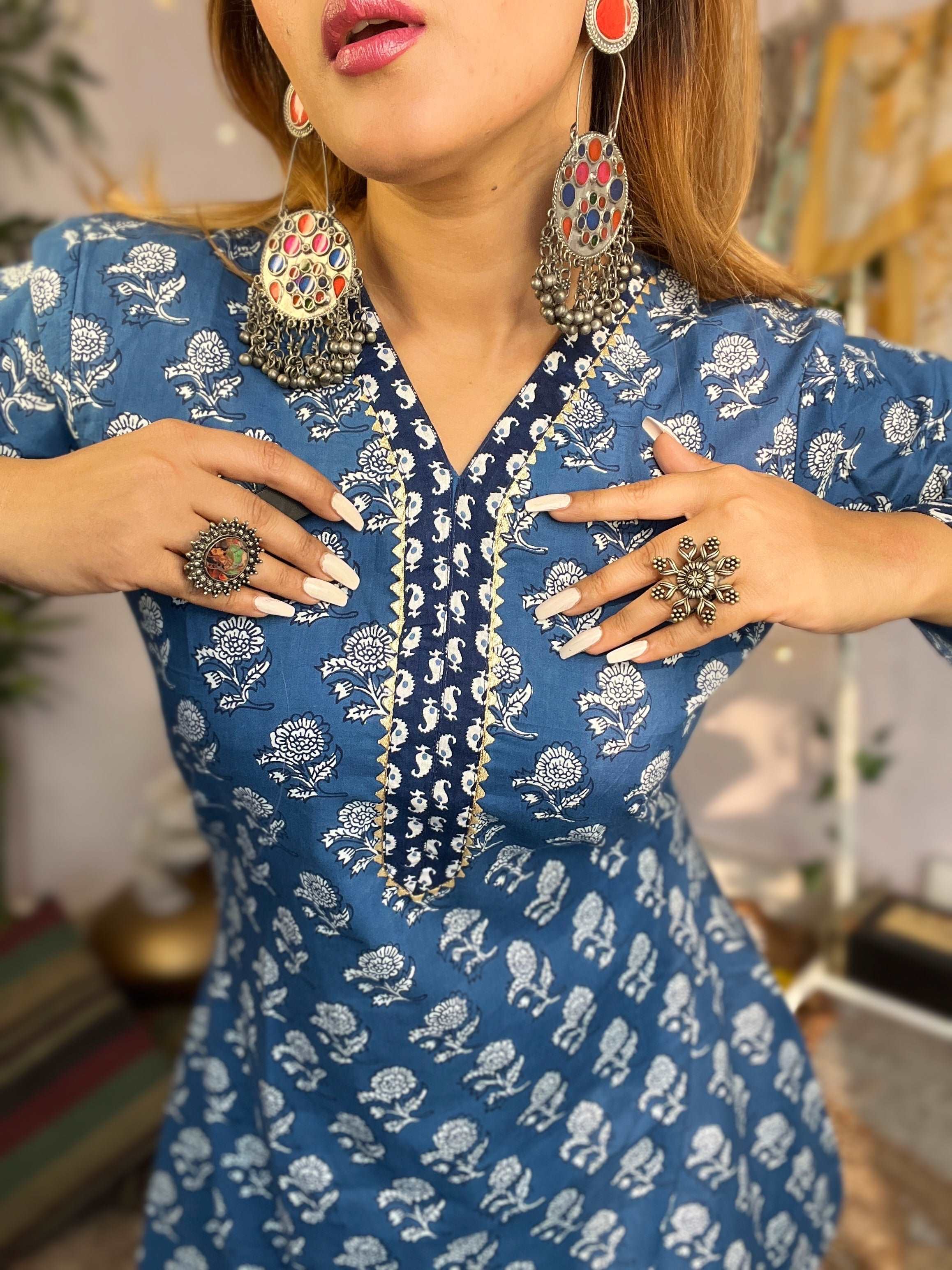 Cerulean Blue Cotton Sanganeri Kurti