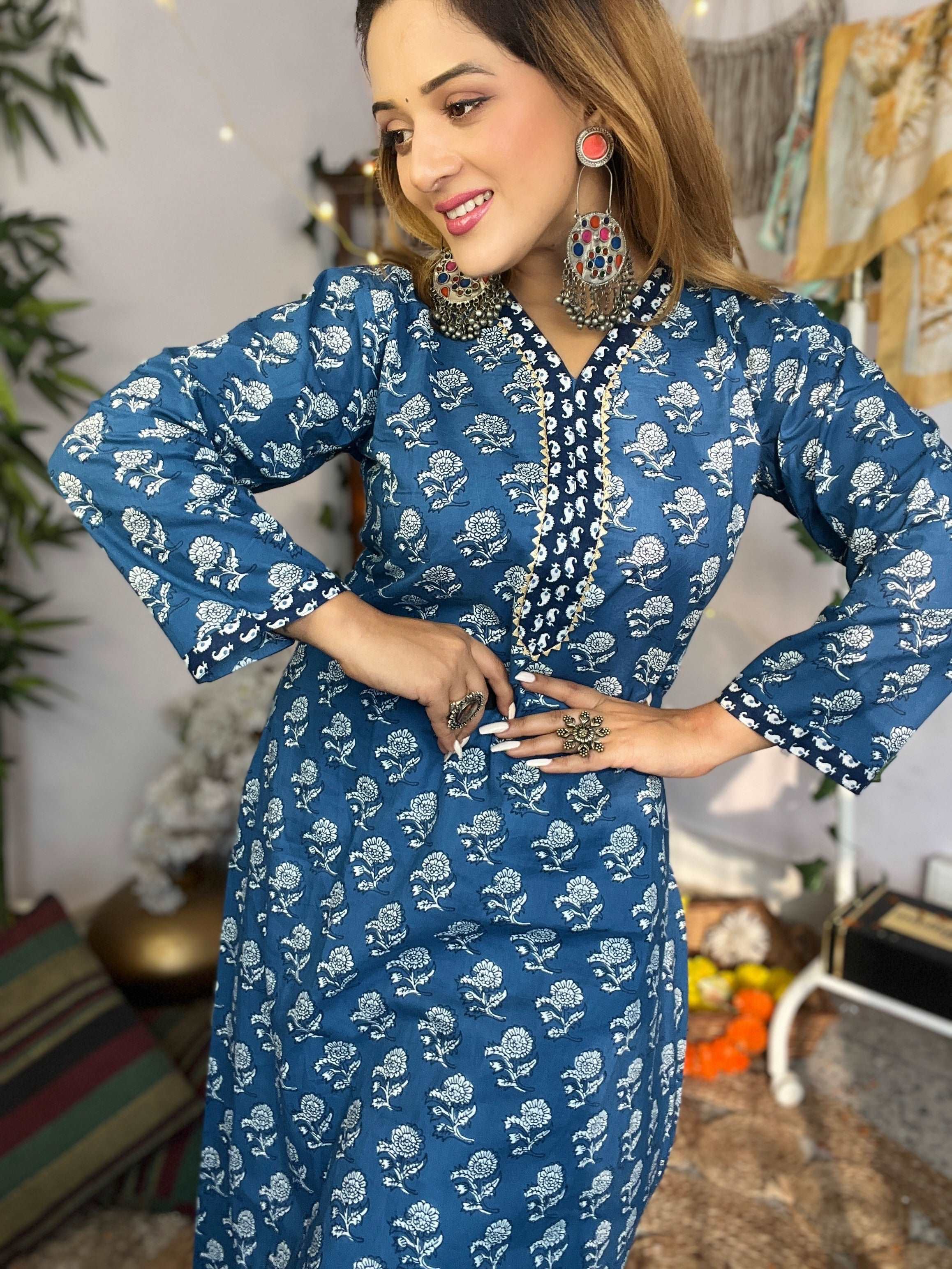 Cerulean Blue Cotton Sanganeri Kurti