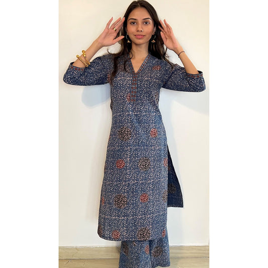 Sky-blue Block-printed Ajrakh Handloom Kurti Set