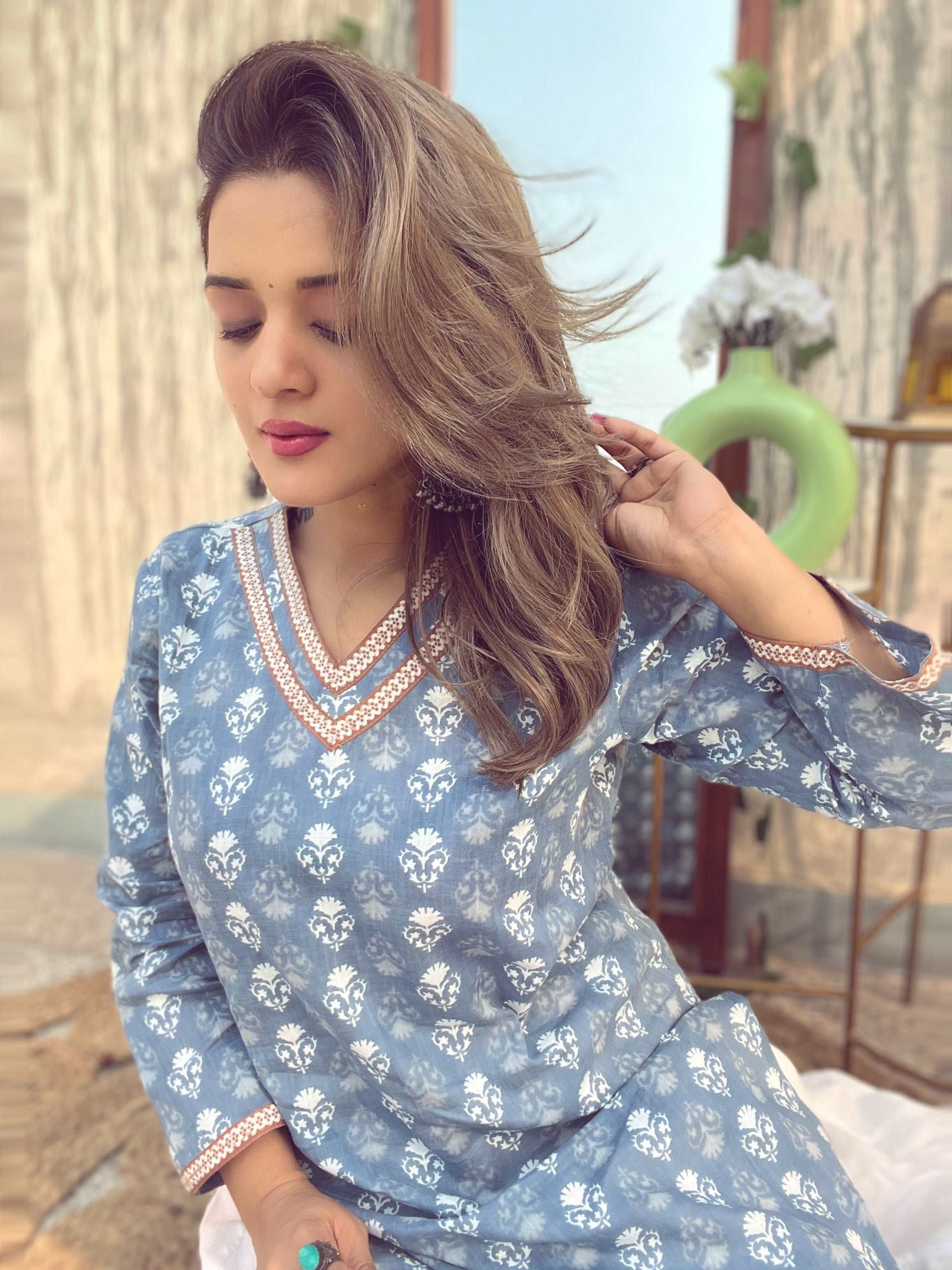 Cerulean Blue V Neck Sanganeri Kurti