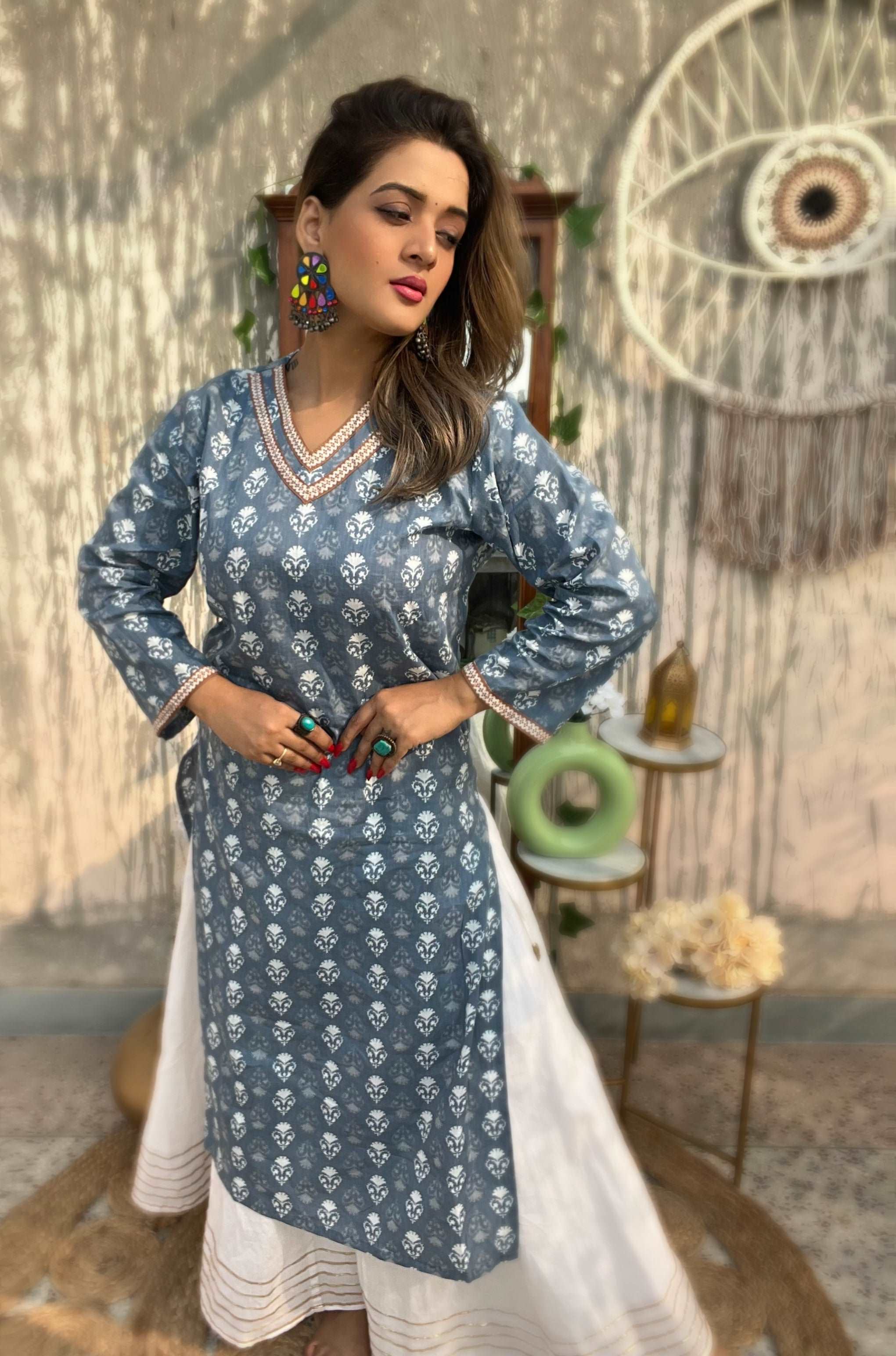 Cerulean Blue V Neck Sanganeri Kurti