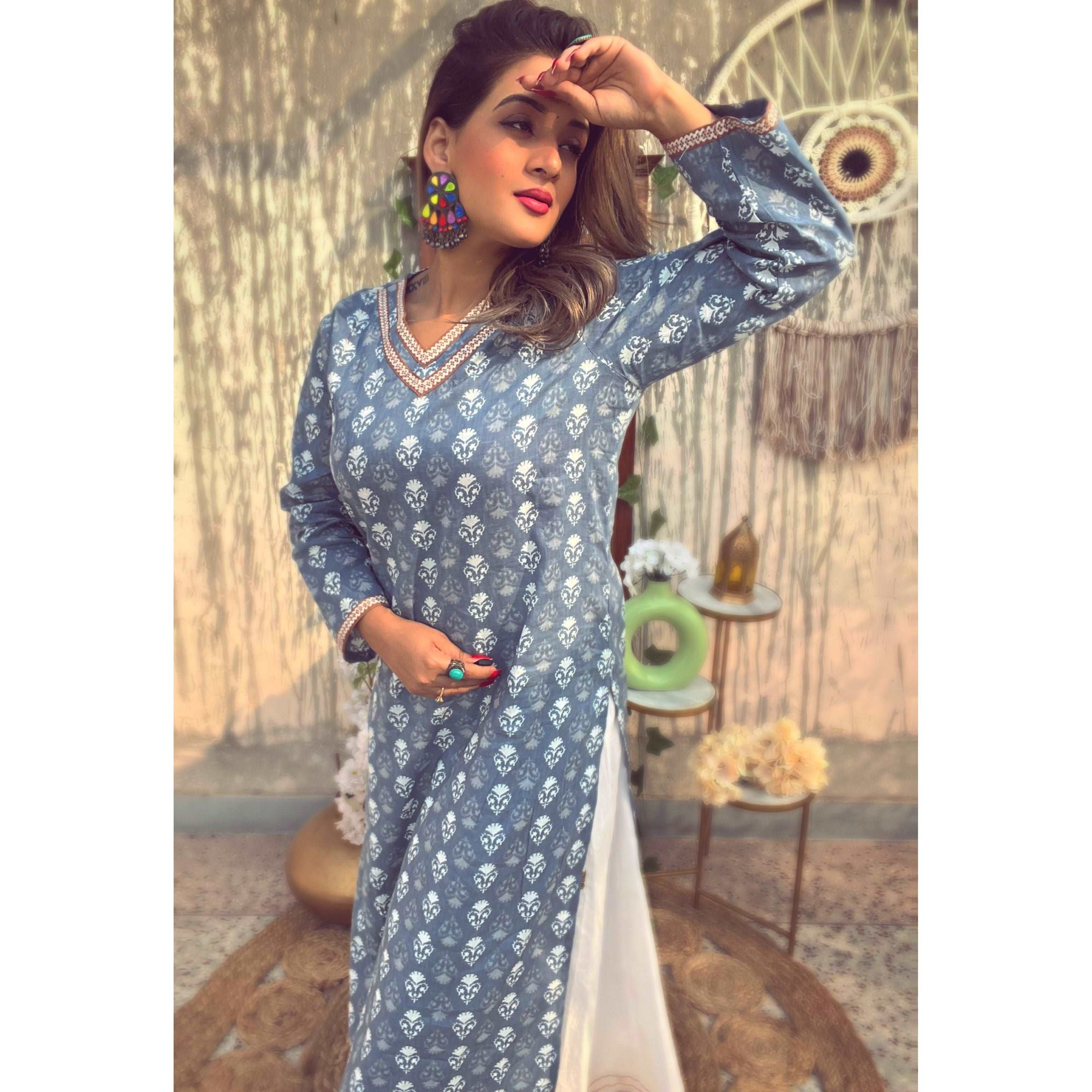 Cerulean Blue V Neck Sanganeri Kurti