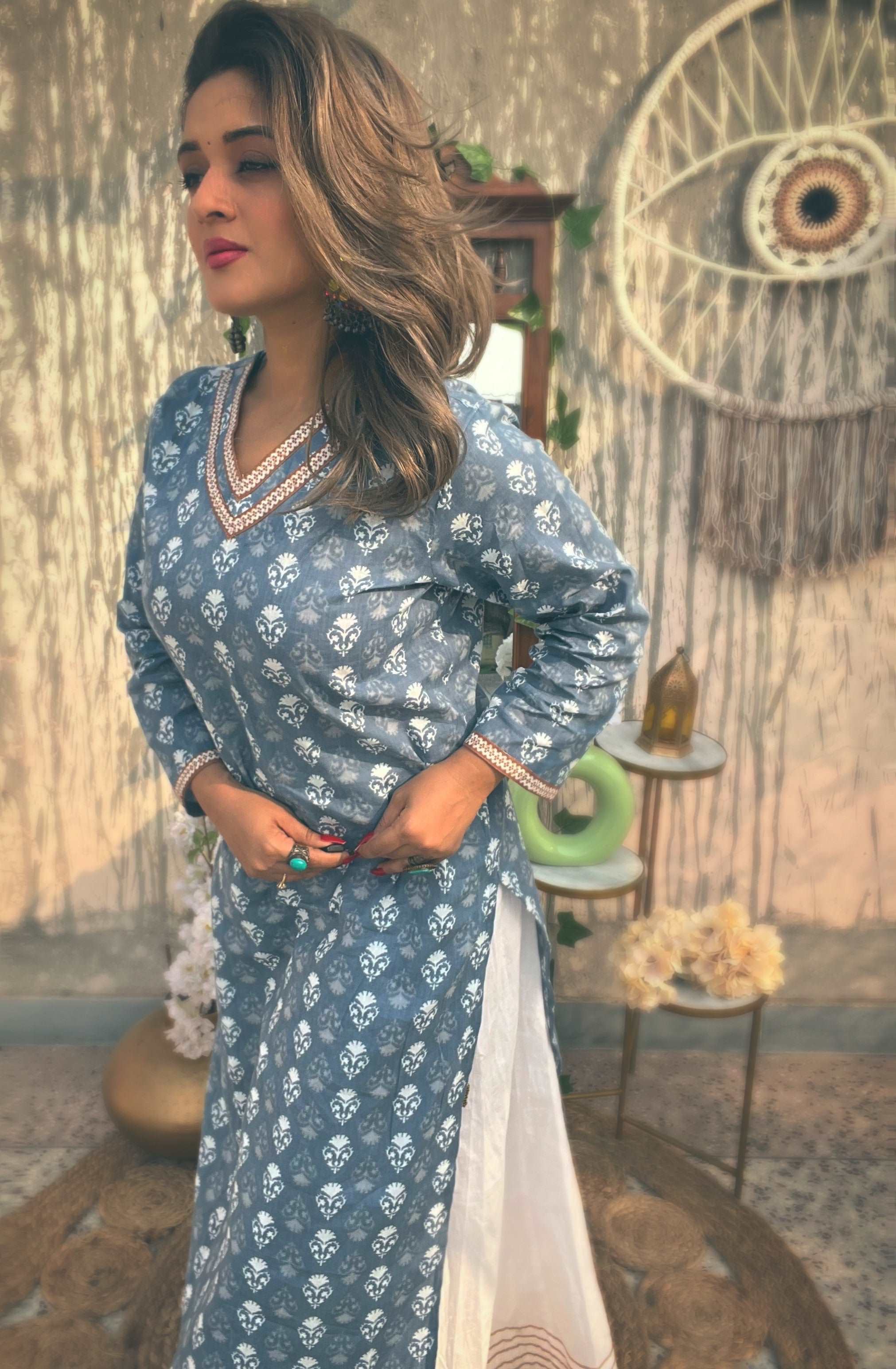 Cerulean Blue V Neck Sanganeri Kurti