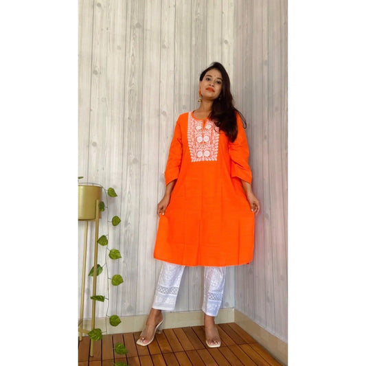 Orange Embroidered Cotton Kurta