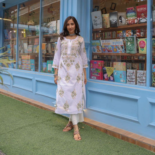 White Cotton Chikankari Kurti With Green Embroidery