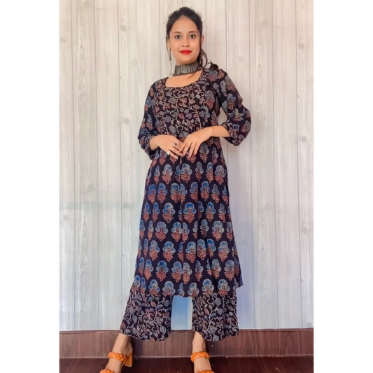 Ajrakh Hand-Block Printed Black Handloom Kurti Set