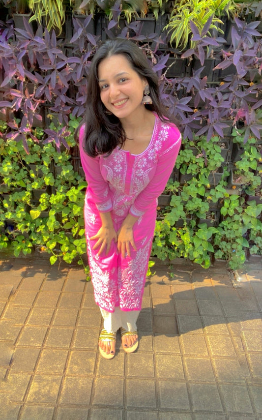 Hot Pink Cotton Chikankari Kurta