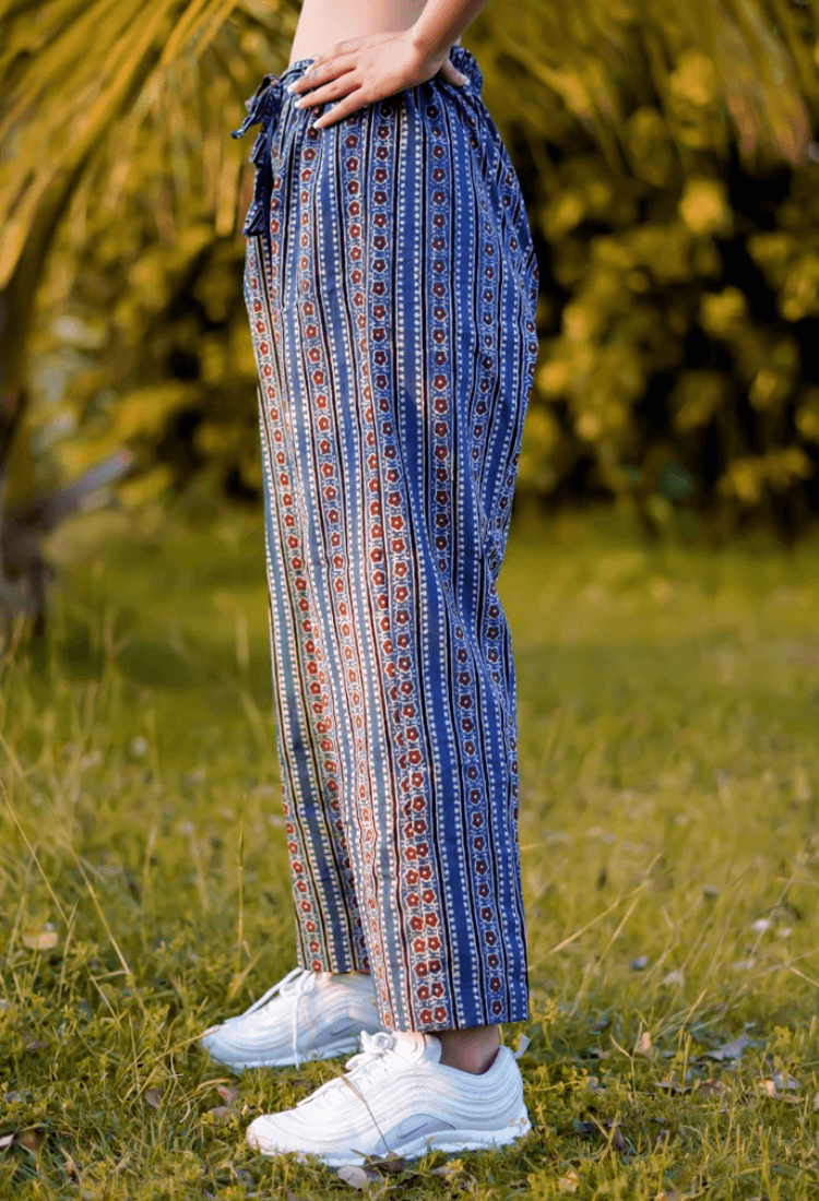 A-line, Blue colored ankle length Natural-dyed Ajrakh Hand-Block Printed Handloom Cotton PantsThe VasilikiAjrakhnikepant