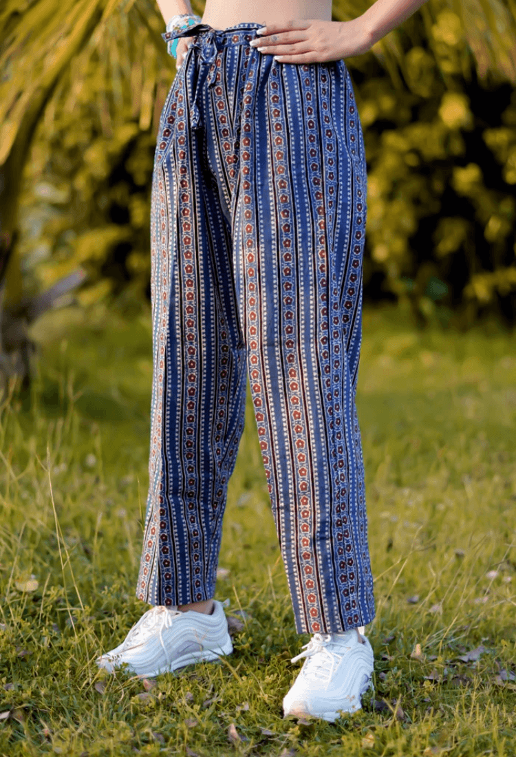 A-line, Blue colored ankle length Natural-dyed Ajrakh Hand-Block Printed Handloom Cotton PantsThe VasilikiAjrakhnikepant