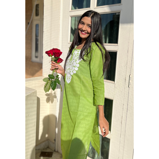 Green Embroidered Cotton Kurta