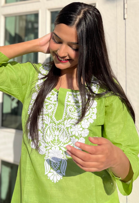 Green Embroidered Cotton Kurta