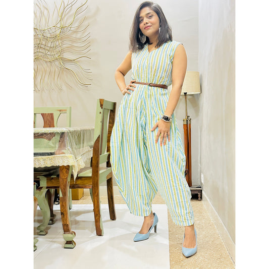 Arctic Blue Dhoti Style Jumpsuit with Yellow Stripes