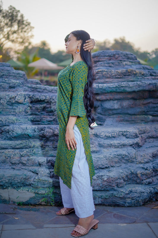 Green Cotton Kurti with Ajrakh Hand Block-Printed
